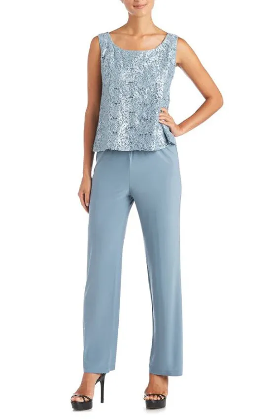 R&M Richards Metallic Lace Tank Top and Pant Set with Sheer Lace Jacket