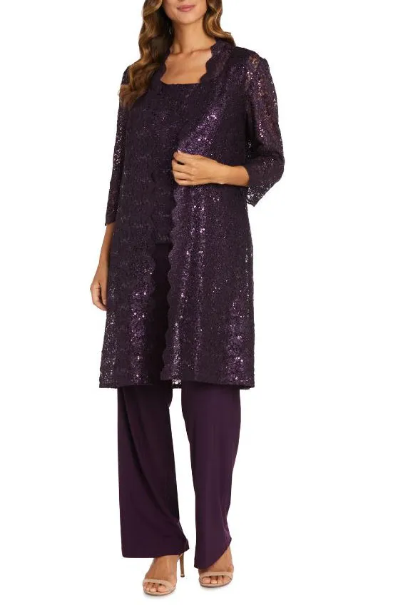 R&M Richards Metallic Lace Tank Top and Pant Set with Sheer Lace Jacket