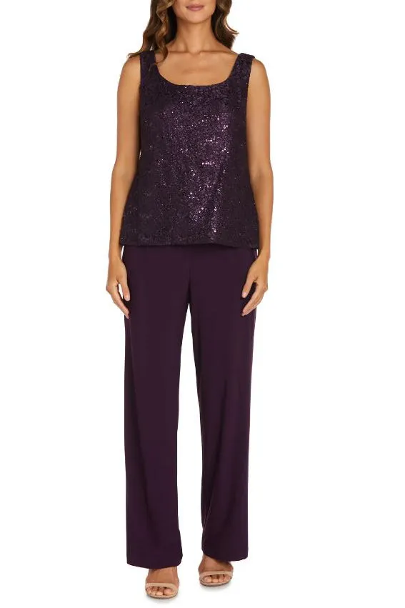 R&M Richards Metallic Lace Tank Top and Pant Set with Sheer Lace Jacket
