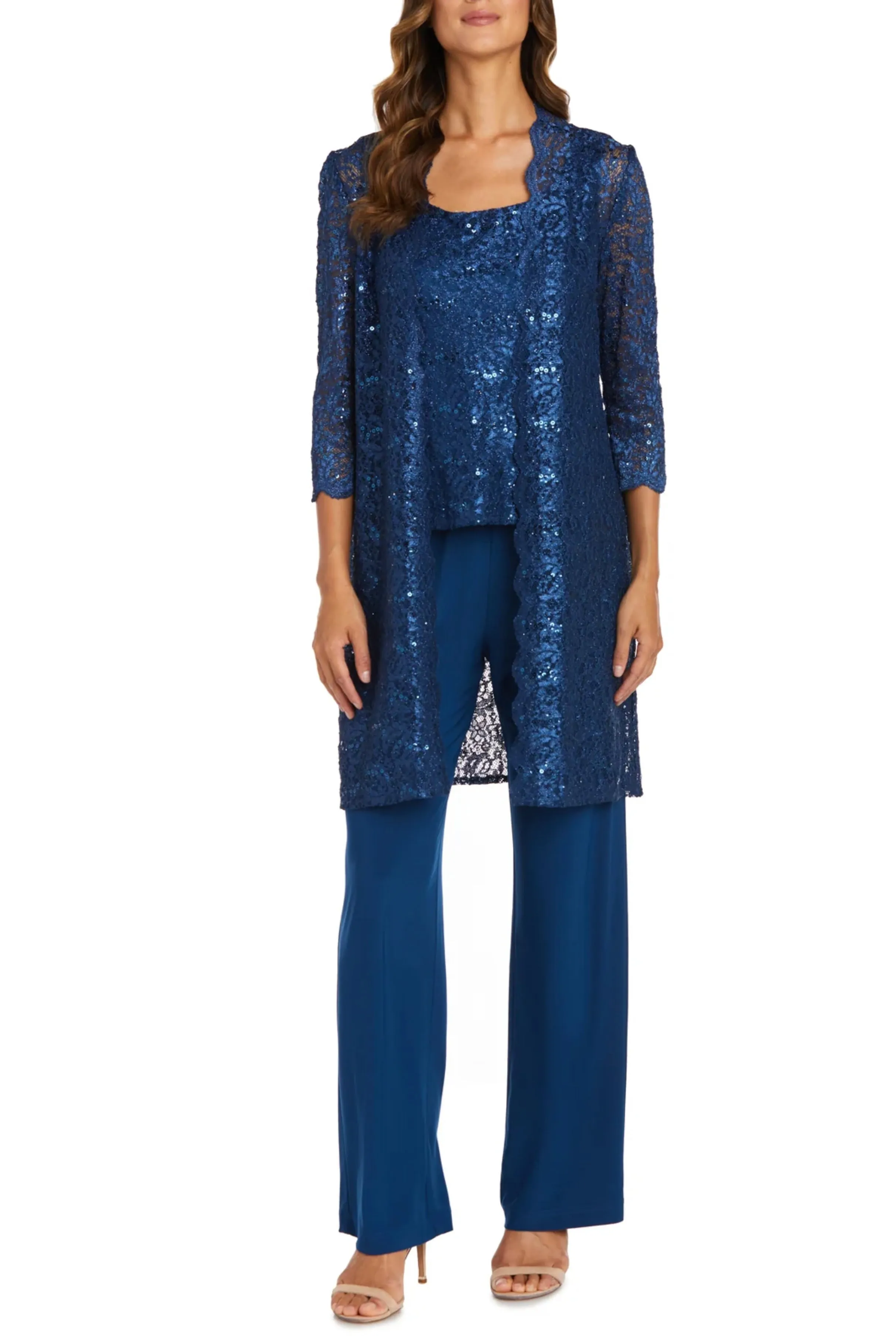 R&M Richards Metallic Lace Tank Top and Pant Set with Sheer Lace Jacket