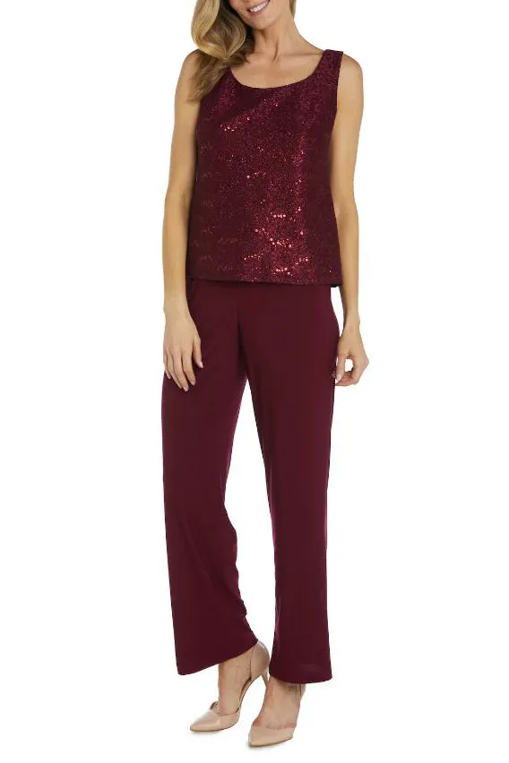 R&M Richards Metallic Lace Tank Top and Pant Set with Sheer Lace Jacket