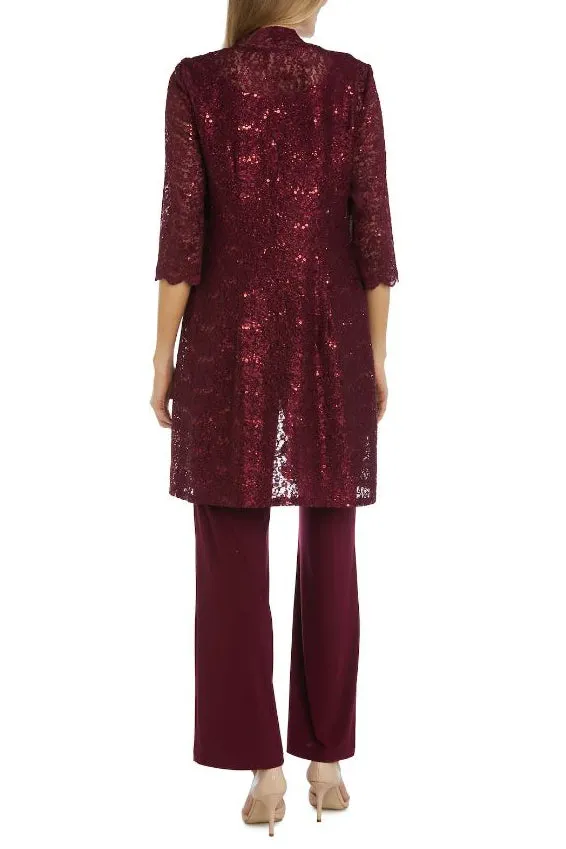 R&M Richards Metallic Lace Tank Top and Pant Set with Sheer Lace Jacket