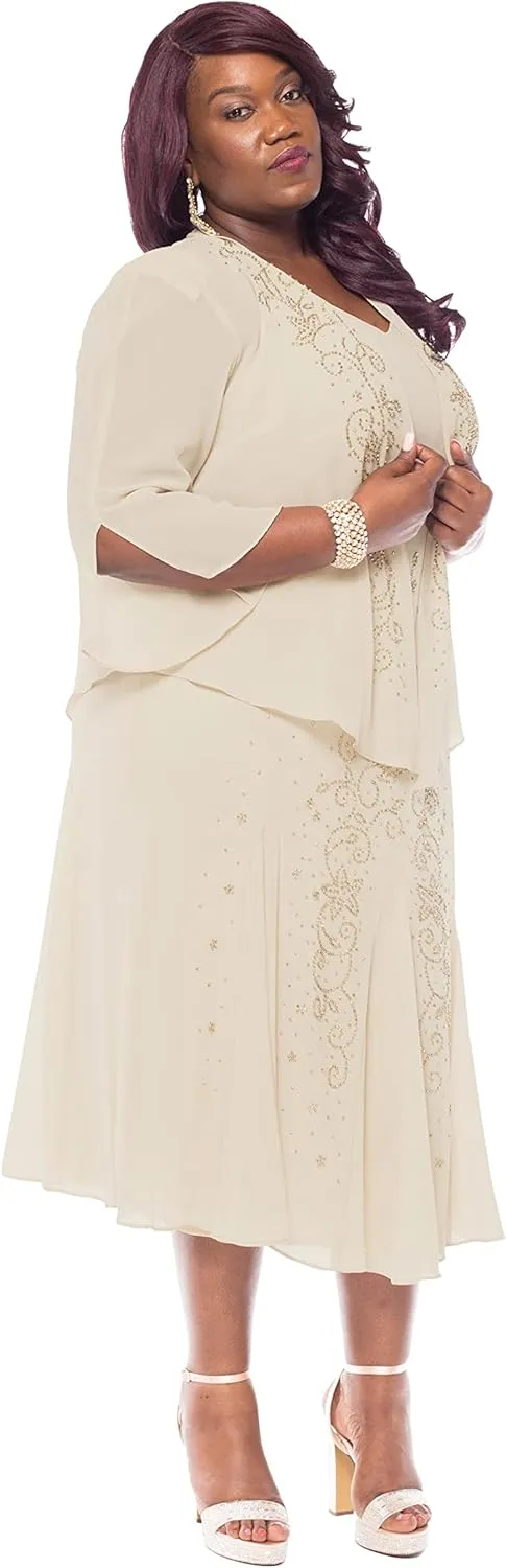 R&M Richards Womens Chiffon Beaded Dress with Jacket