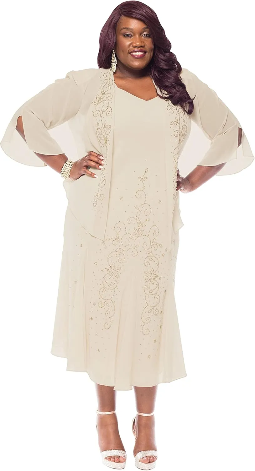 R&M Richards Womens Chiffon Beaded Dress with Jacket