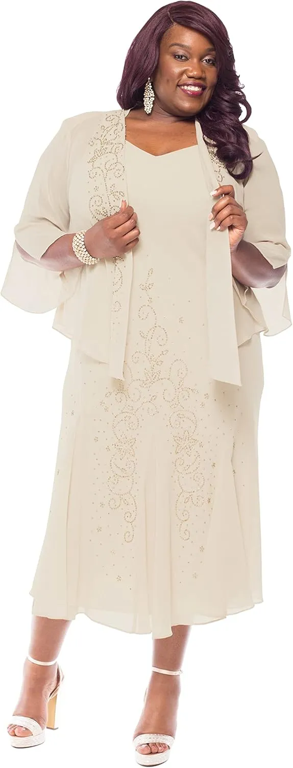 R&M Richards Womens Chiffon Beaded Dress with Jacket