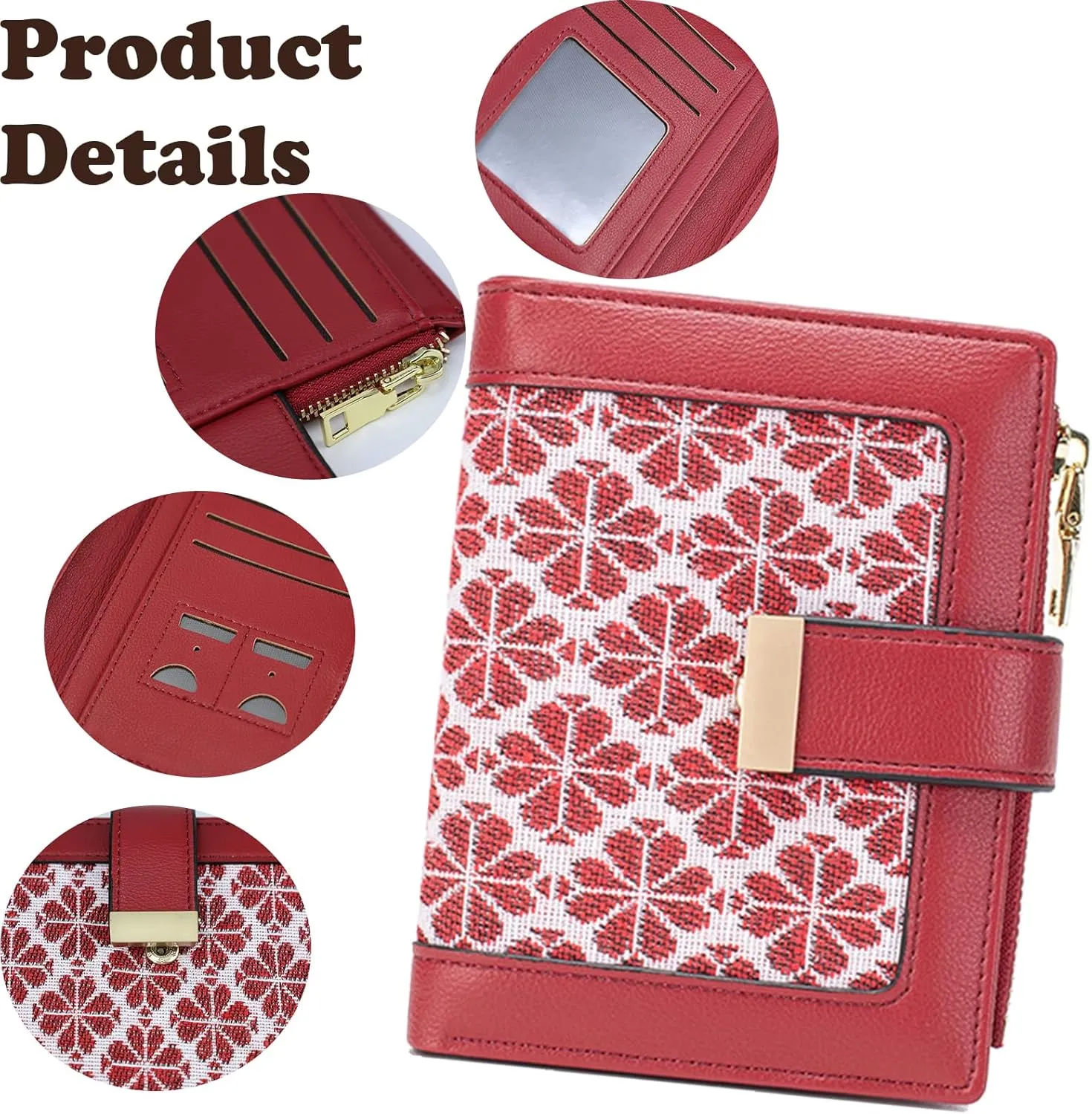 Red RFID Blocking Wallet for Women Small Leather Coin Purse with Flower Design Minimalist Credit Card Holder and ID Window Cute Travel Cash Wallet for Women