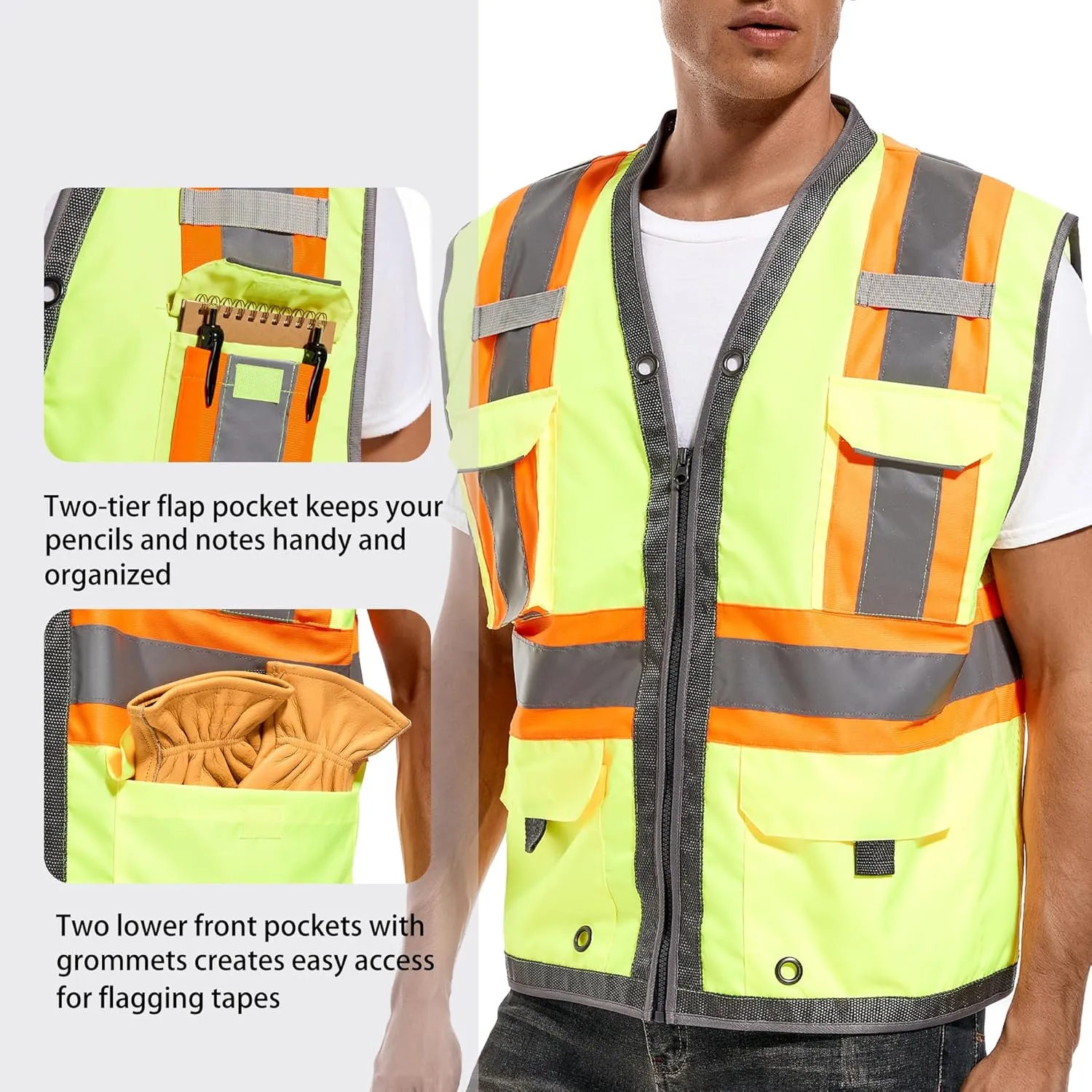 Reflective Safety Vest for Men and Women - Class 2 High Visibility Construction Vest - Dual Tone Reflective Strips