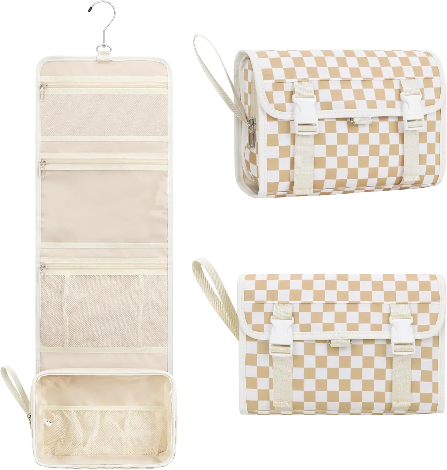 Relavel Hanging Toiletry Bag for Women, Hanging Makeup Organizer with Travel Size Toiletries, Portable Bathroom Travel Bag with Hook for Shaving Kit, Shampoo, Conditioner for Trip - Plaid