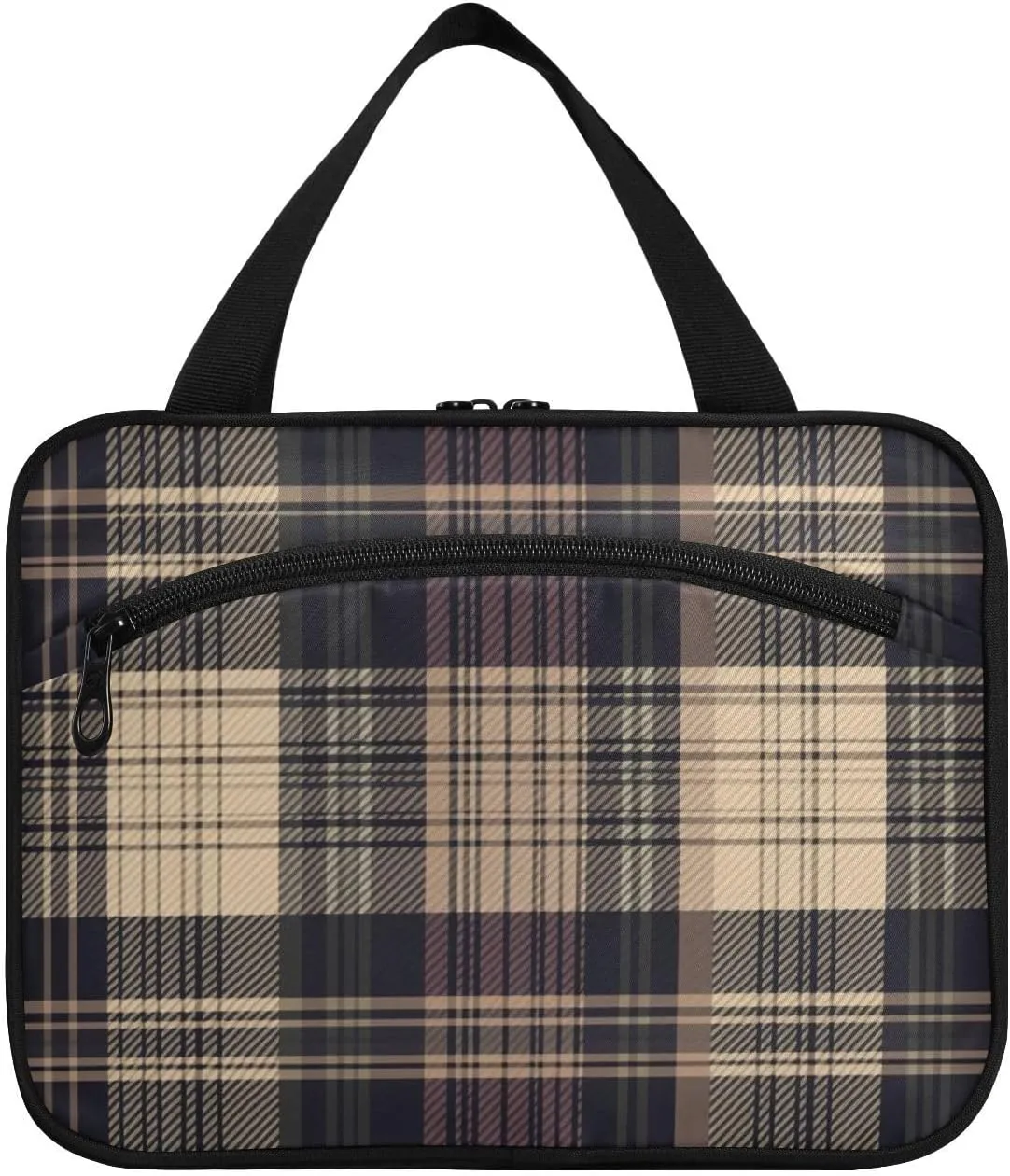Retro Brown Plaid Check Pattern hanging men's toiletry travel bag with hook, designer fashion kit bag for men for women must travel estuche para guardar maquillaje L