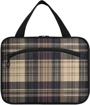 Retro Brown Plaid Check Pattern hanging men's toiletry travel bag with hook, designer fashion kit bag for men for women must travel estuche para guardar maquillaje L