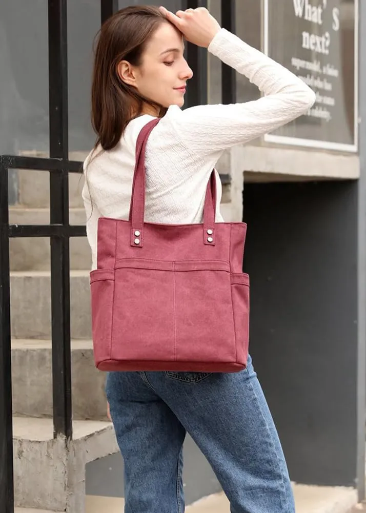 Retro Tote Bags for Women Large Canvas Shoulder Purse Casual Work Handbags Multi Pocket Top Handle Satchel
