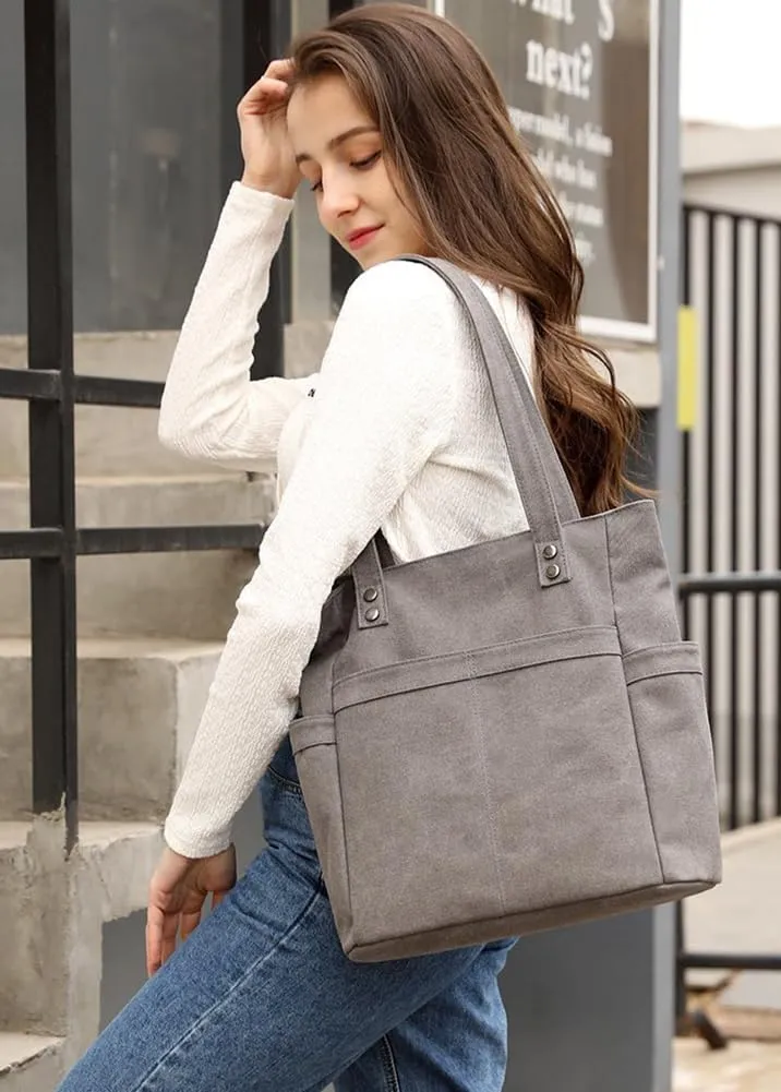 Retro Tote Bags for Women Large Canvas Shoulder Purse Casual Work Handbags Multi Pocket Top Handle Satchel