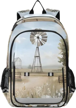 Retro Windmill Daisy Barn Backpack Travel Laptop Daypack Shoulder Bag Book Bag Daypack with Reflective Strip 12.9 ×17.7 In