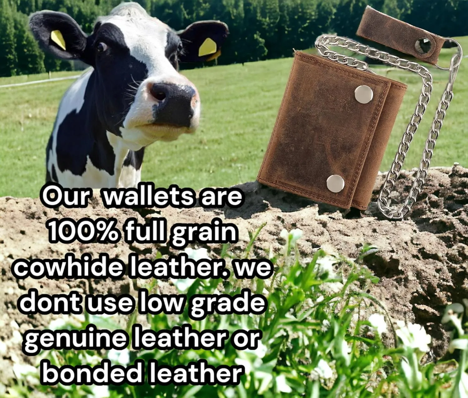 RFID Blocking Men's Tri-fold Vintage Biker Cowhide Leather Steel Chain Wallet,Snap closure, Made In USA,Vintage buffalo brown,315