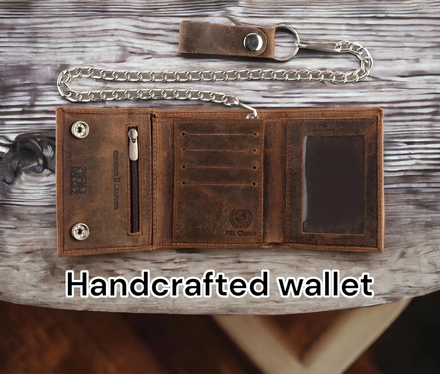 RFID Blocking Men's Tri-fold Vintage Biker Cowhide Leather Steel Chain Wallet,Snap closure, Made In USA,Vintage buffalo brown,315