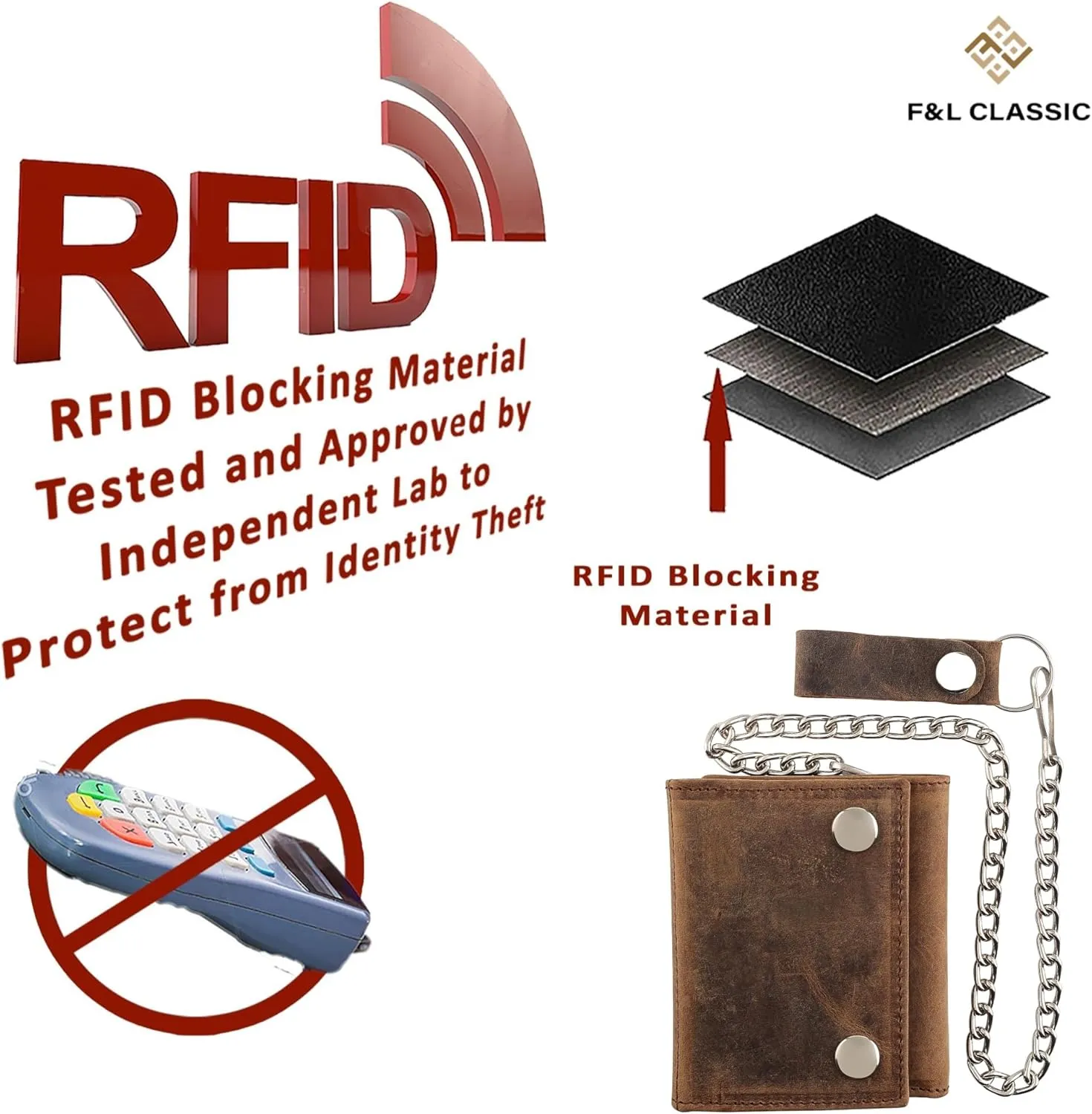 RFID Blocking Men's Tri-fold Vintage Biker Cowhide Leather Steel Chain Wallet,Snap closure, Made In USA,Vintage buffalo brown,315