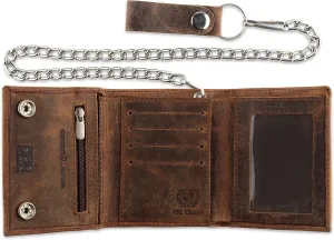 RFID Blocking Men's Tri-fold Vintage Biker Cowhide Leather Steel Chain Wallet,Snap closure, Made In USA,Vintage buffalo brown,315