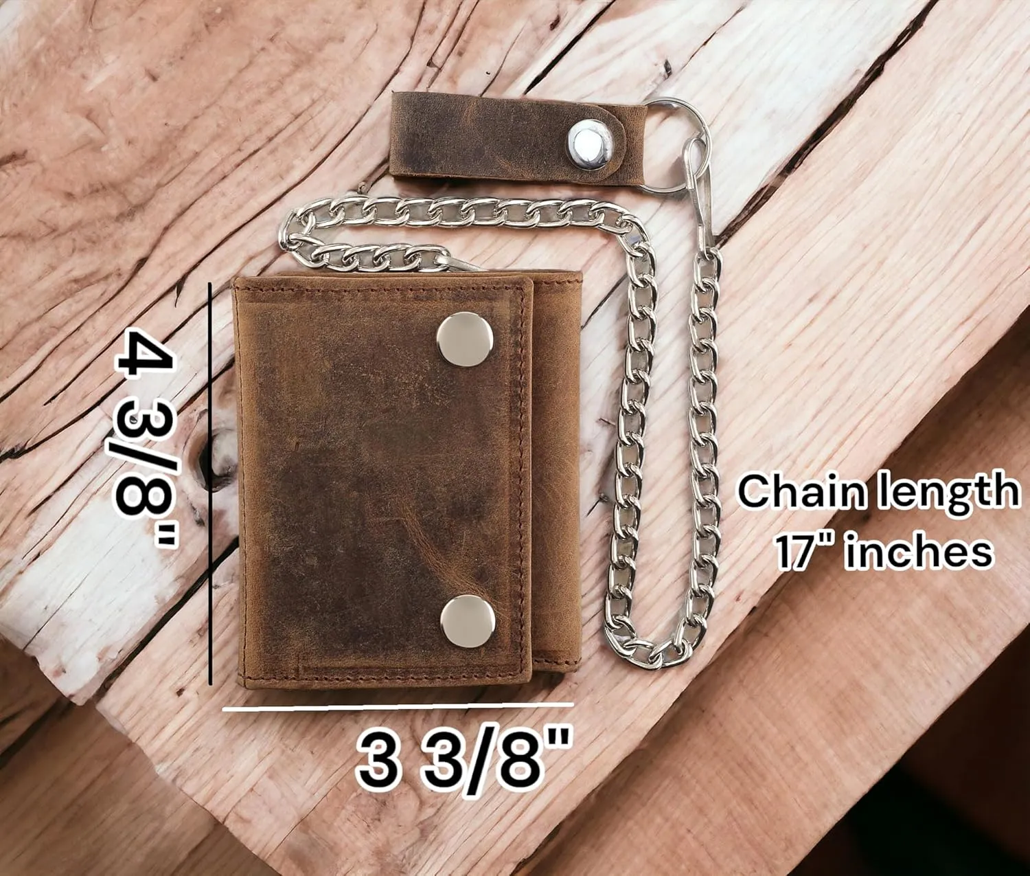 RFID Blocking Men's Tri-fold Vintage Biker Cowhide Leather Steel Chain Wallet,Snap closure, Made In USA,Vintage buffalo brown,315