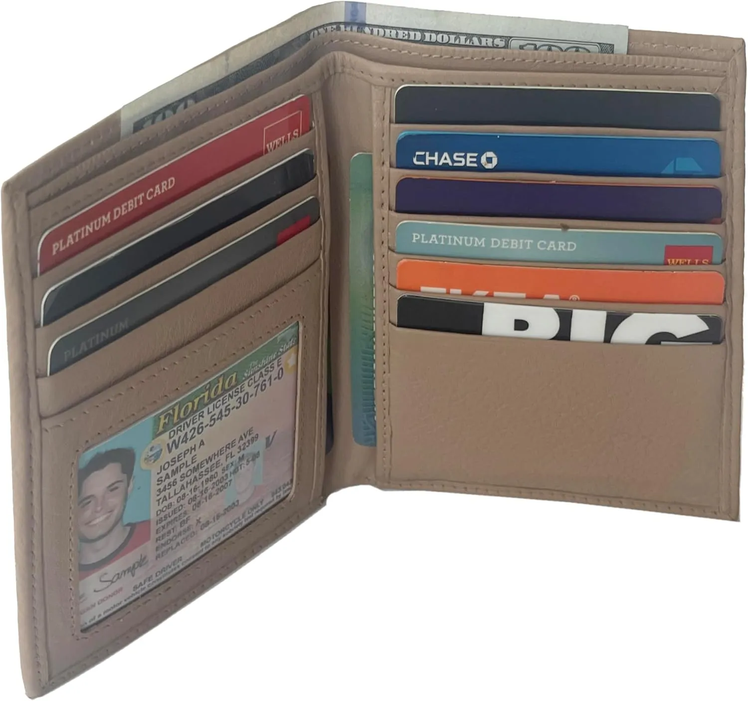 RFID Leather European Bifold Hipster Mens Wallet With Heavy Duty Vinyl Wallet Insert (Beige)