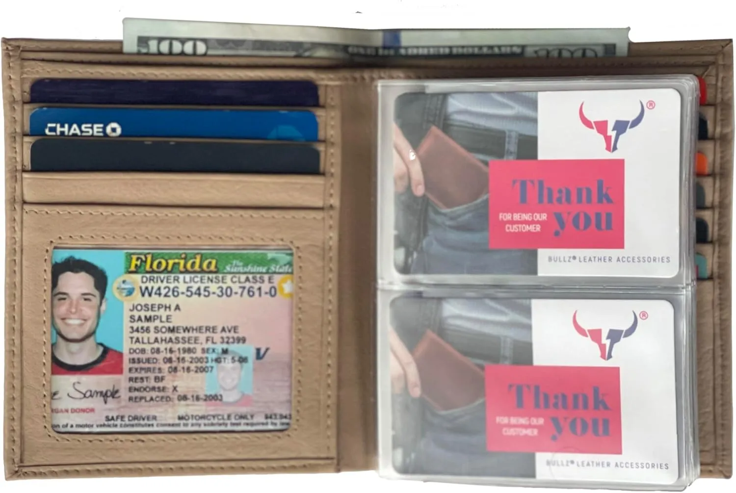 RFID Leather European Bifold Hipster Mens Wallet With Heavy Duty Vinyl Wallet Insert (Beige)
