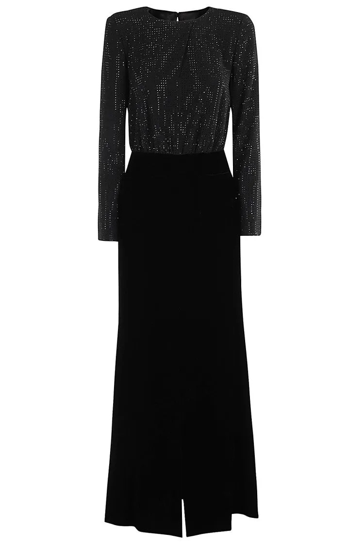 Rhinestone-Embellished Cady Dress With Velvet Skirt