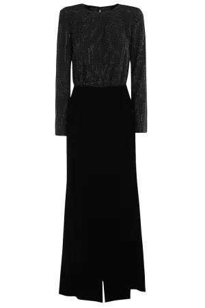 Rhinestone-Embellished Cady Dress With Velvet Skirt