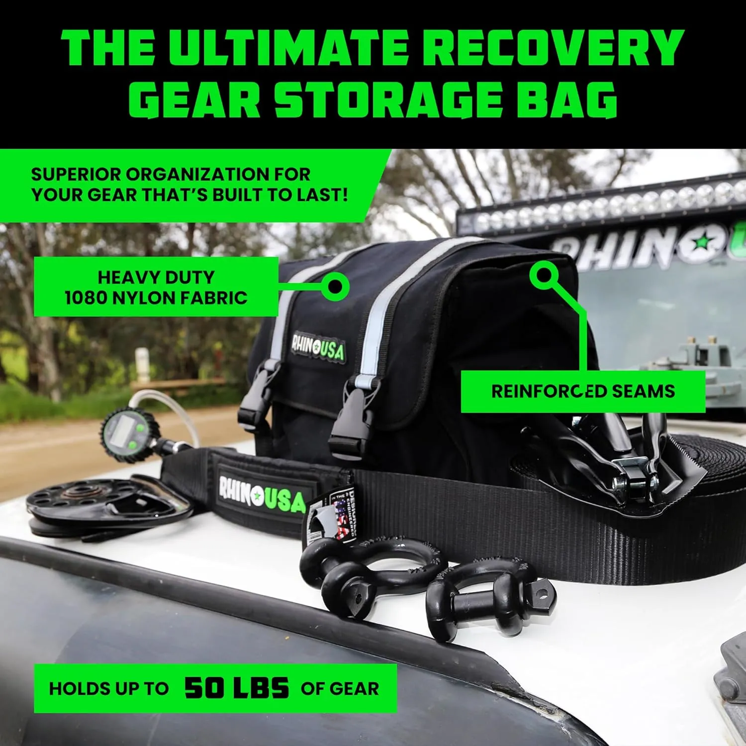 Rhino USA Recovery Gear Storage Bag - Ultimate Recovery Kit Bag for Organization in Your Vehicle - Use With Your Tow Strap, Shackles, Snatch Block or Anything You Desire - Guaranteed For Life!