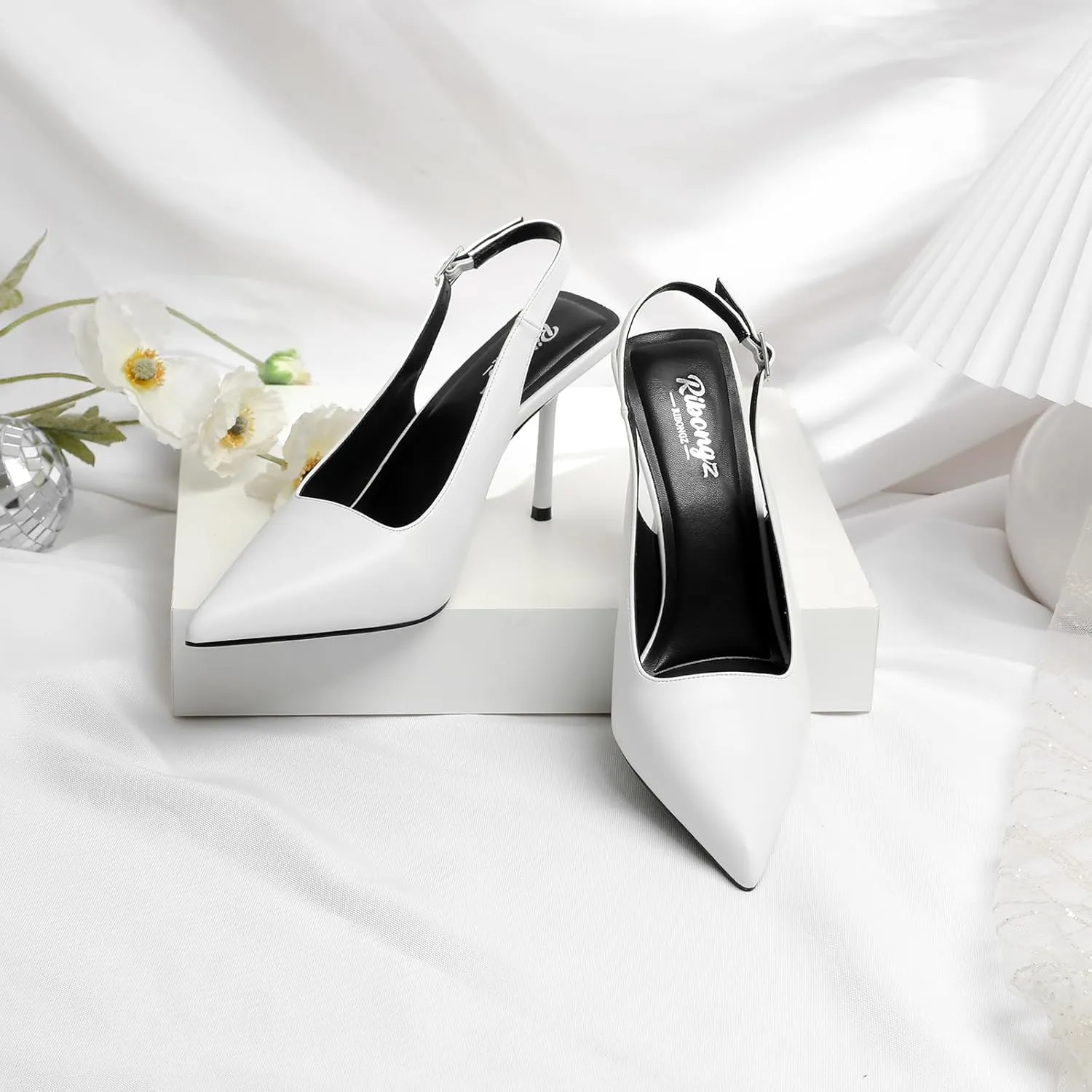 RIBONGZ Sexy Slingback Pumps Elegant Dressy Heels for Women Closed Toe Pointy High Heels Wedding Bride Prom Party Evening Shoes