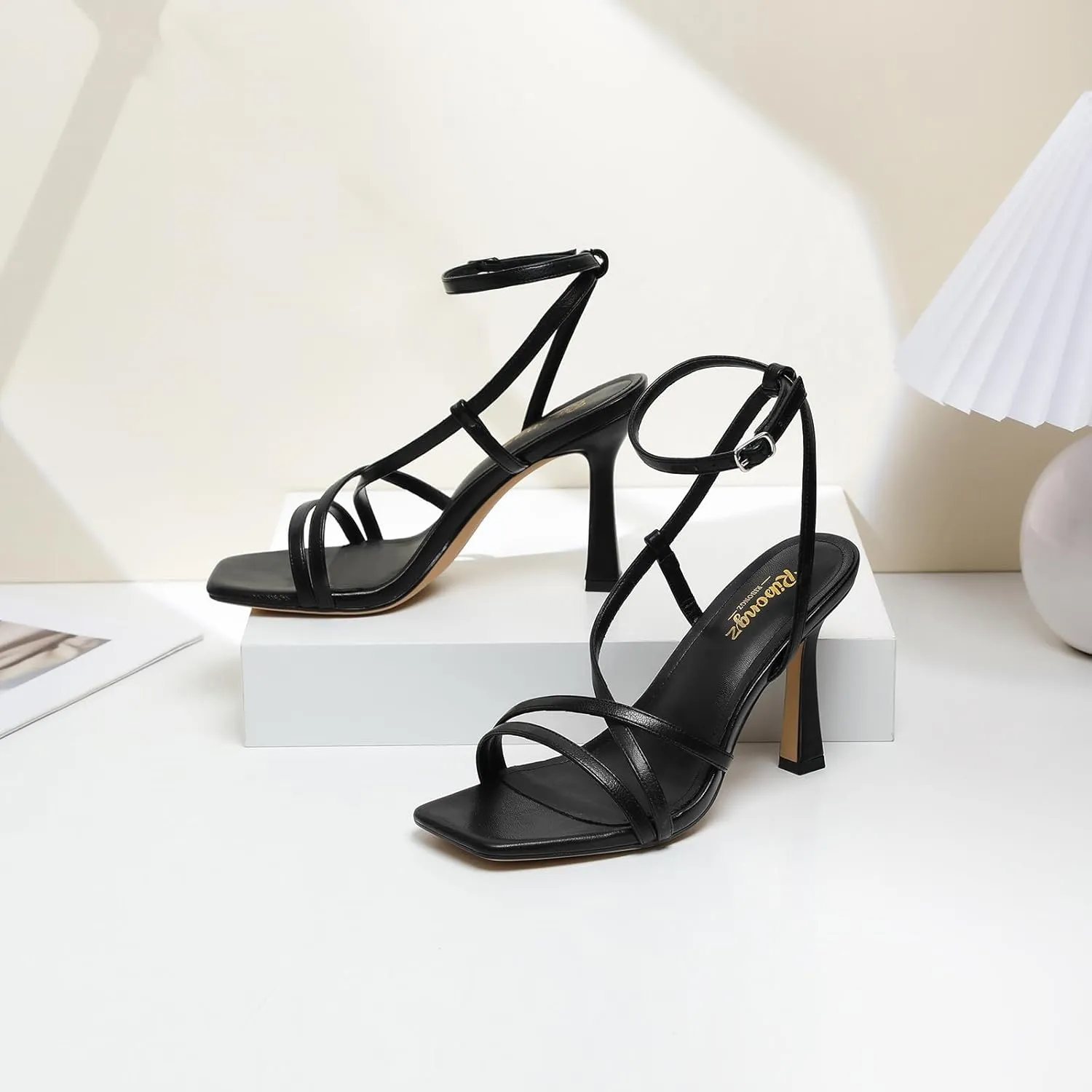 RIBONGZ Strappy Stiletto Kitten Heels Ankle Strap Sexy Heeled Sandals for Women Square Open Toe High Heels Wedding Bride Party Prom Dress Shoes