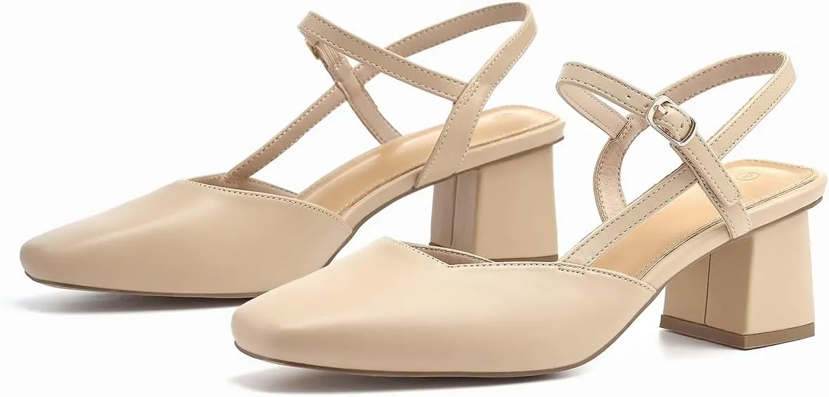 Rilista Women's Slingback Chunky Low Heels Closed Square Toe Heel Wedding Party Dress Pumps Shoes