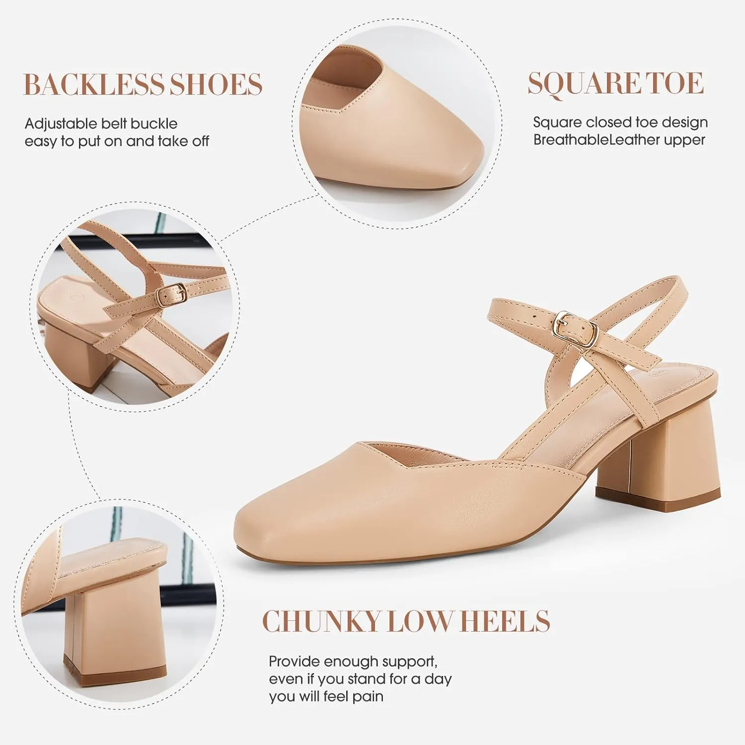 Rilista Women's Slingback Chunky Low Heels Closed Square Toe Heel Wedding Party Dress Pumps Shoes