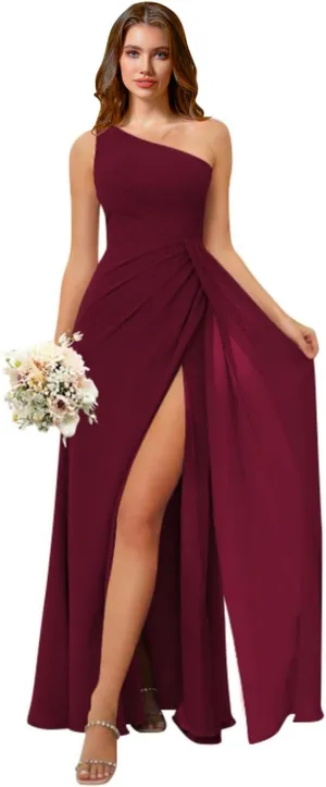 Rjer One Shoulder Bridesmaid Dresses for Women Long Ruched Chiffon A Line Formal Evening Dress with Slit