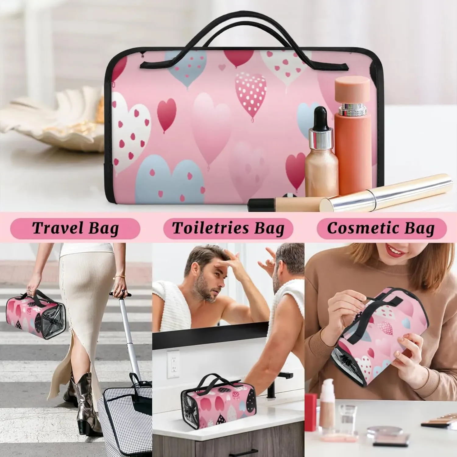 Romance Summer Pattern Toiletry Bag Water Proof Travel Makeup Case Large Capacity 4 in 1 Foldable Cosmetics Storage for Women Men Removable Zipper Clear PVC Pockets
