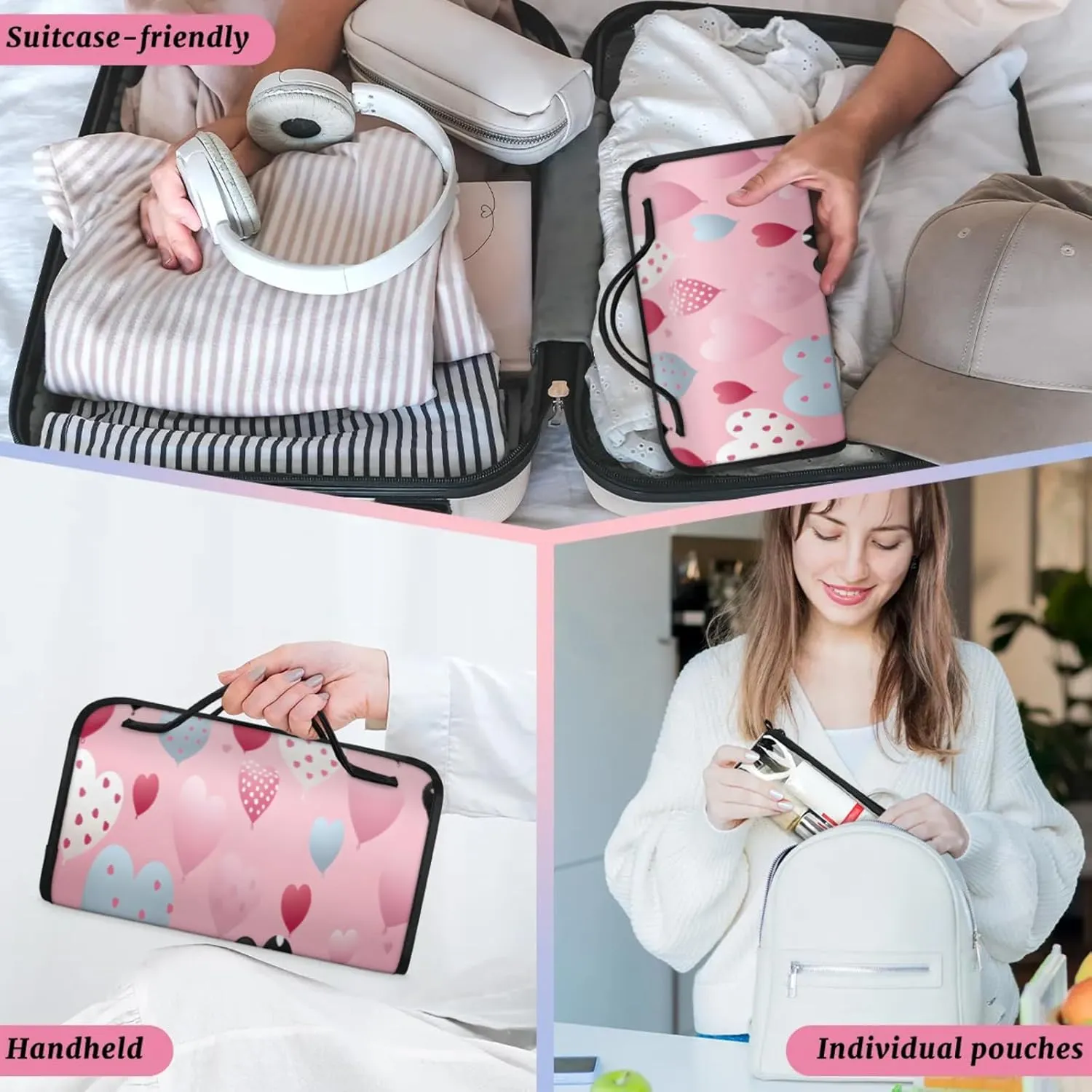 Romance Summer Pattern Toiletry Bag Water Proof Travel Makeup Case Large Capacity 4 in 1 Foldable Cosmetics Storage for Women Men Removable Zipper Clear PVC Pockets