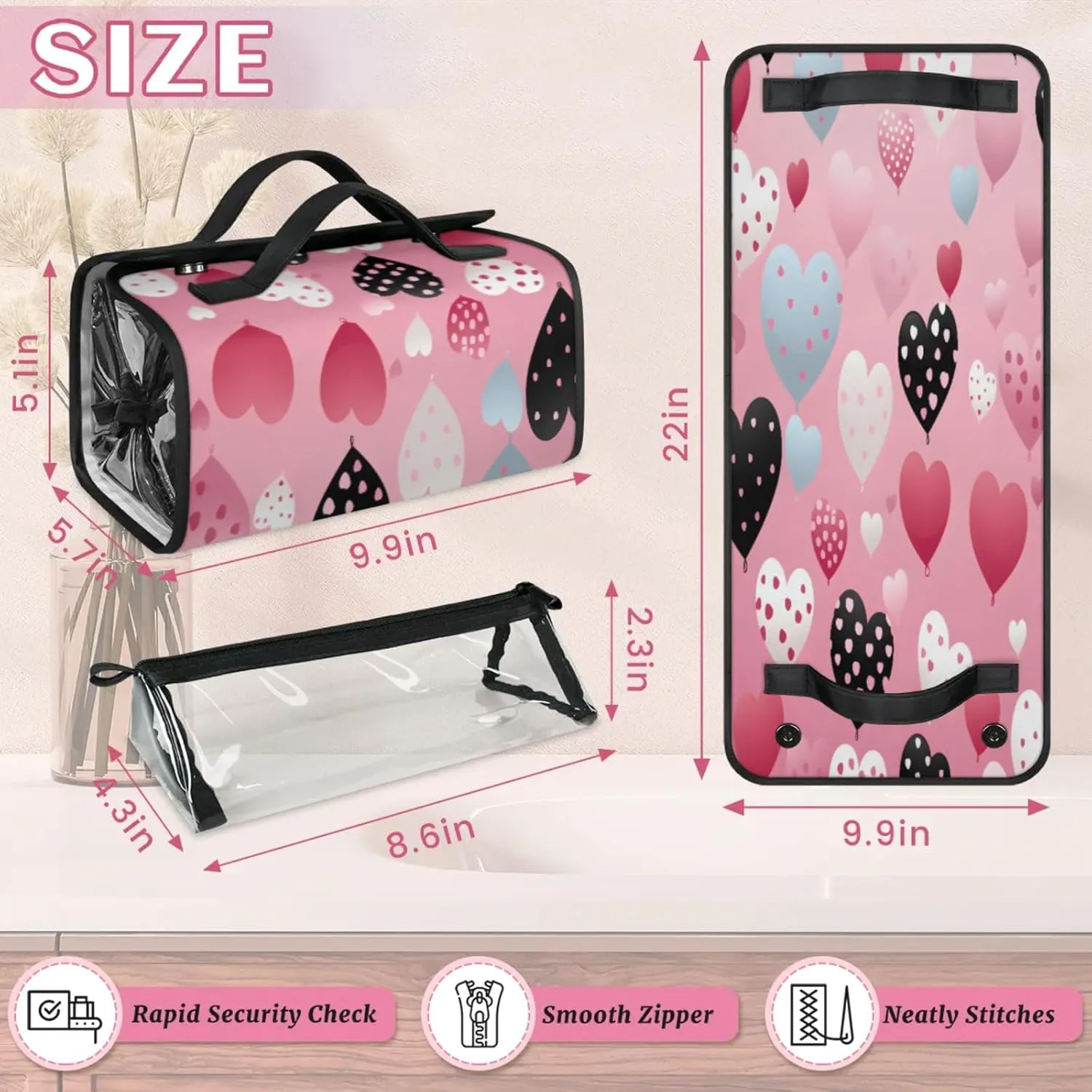 Romance Summer Pattern Toiletry Bag Water Proof Travel Makeup Case Large Capacity 4 in 1 Foldable Cosmetics Storage for Women Men Removable Zipper Clear PVC Pockets