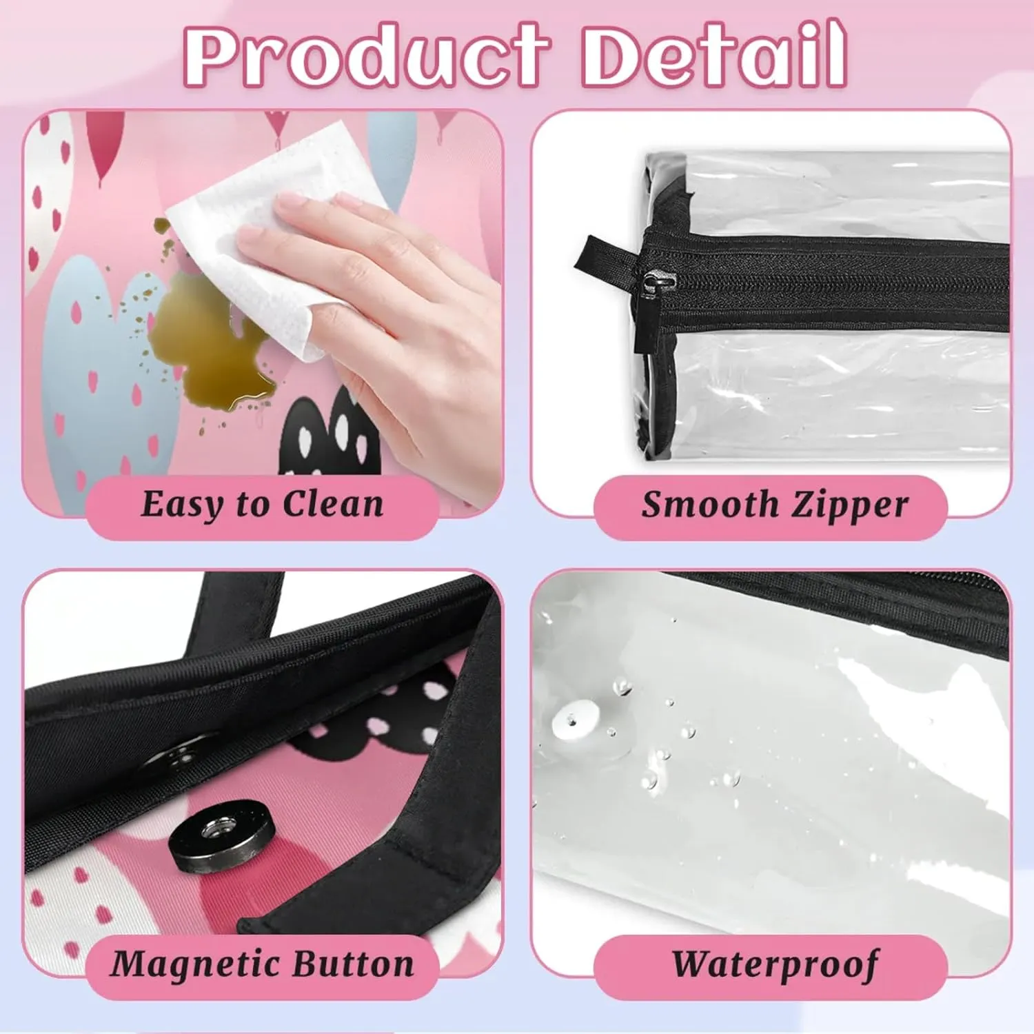 Romance Summer Pattern Toiletry Bag Water Proof Travel Makeup Case Large Capacity 4 in 1 Foldable Cosmetics Storage for Women Men Removable Zipper Clear PVC Pockets