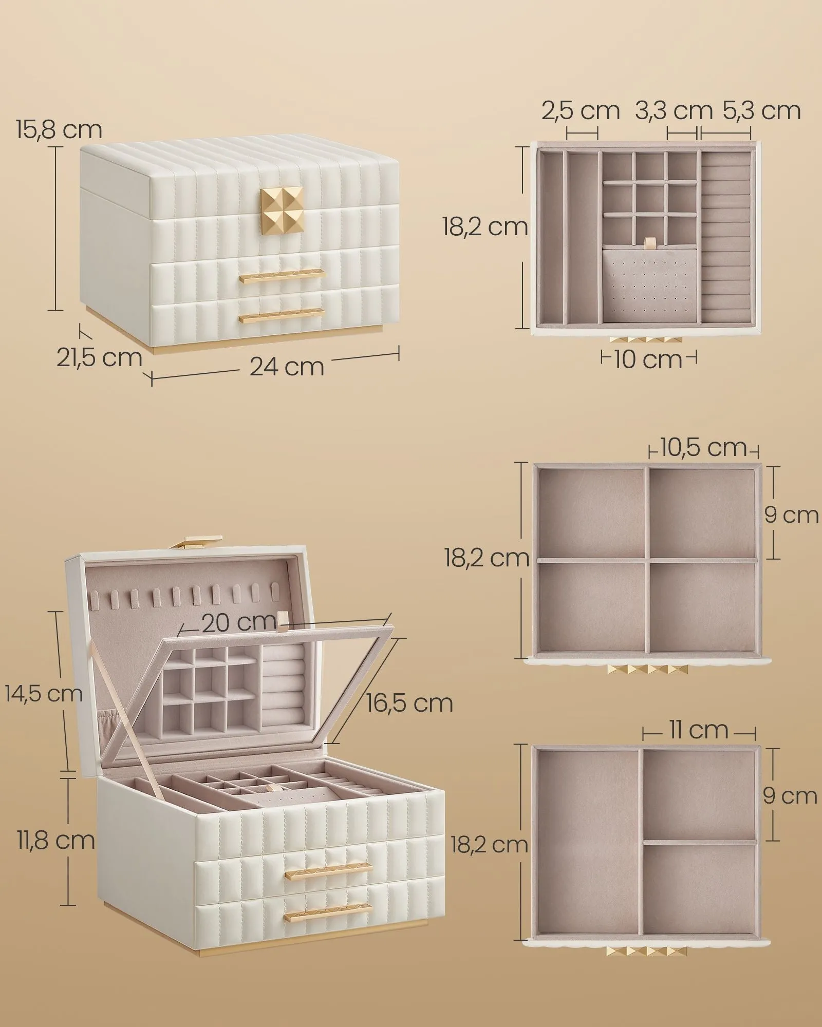 Rootz Jewelry Box - Organiser - Storage Case - PU Leather - Stylish Design - 21.5cm x 24cm x 15.8cm
