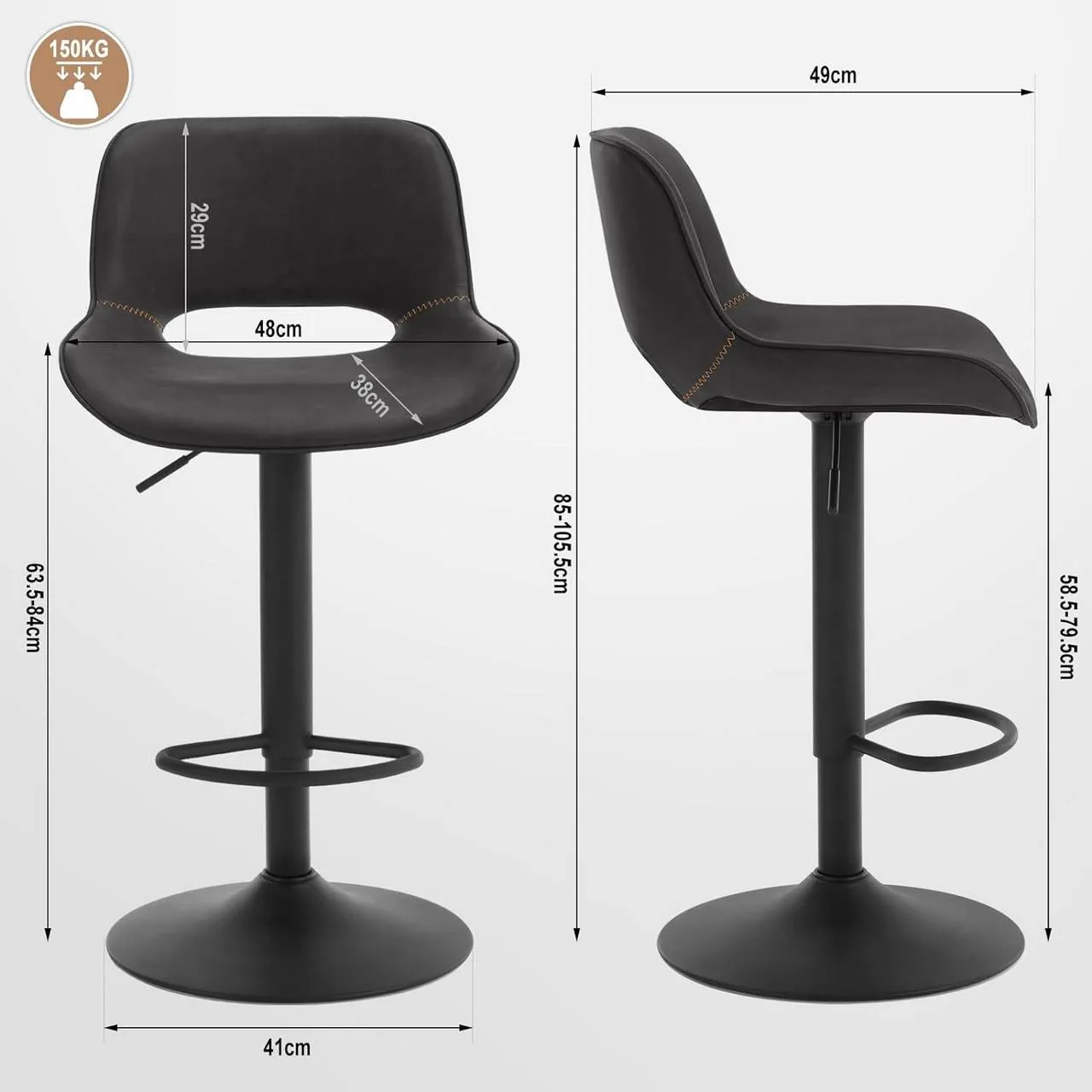 Rootz Vintage Faux Leather Bar Stool - Kitchen Island Chair - Adjustable Height - Waterproof - 48cm x (85-105.5cm) x 49cm