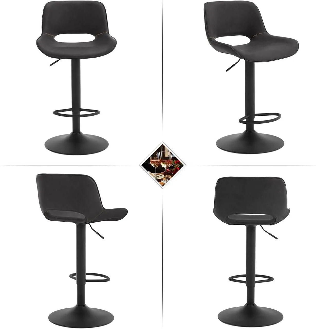 Rootz Vintage Faux Leather Bar Stool - Kitchen Island Chair - Adjustable Height - Waterproof - 48cm x (85-105.5cm) x 49cm