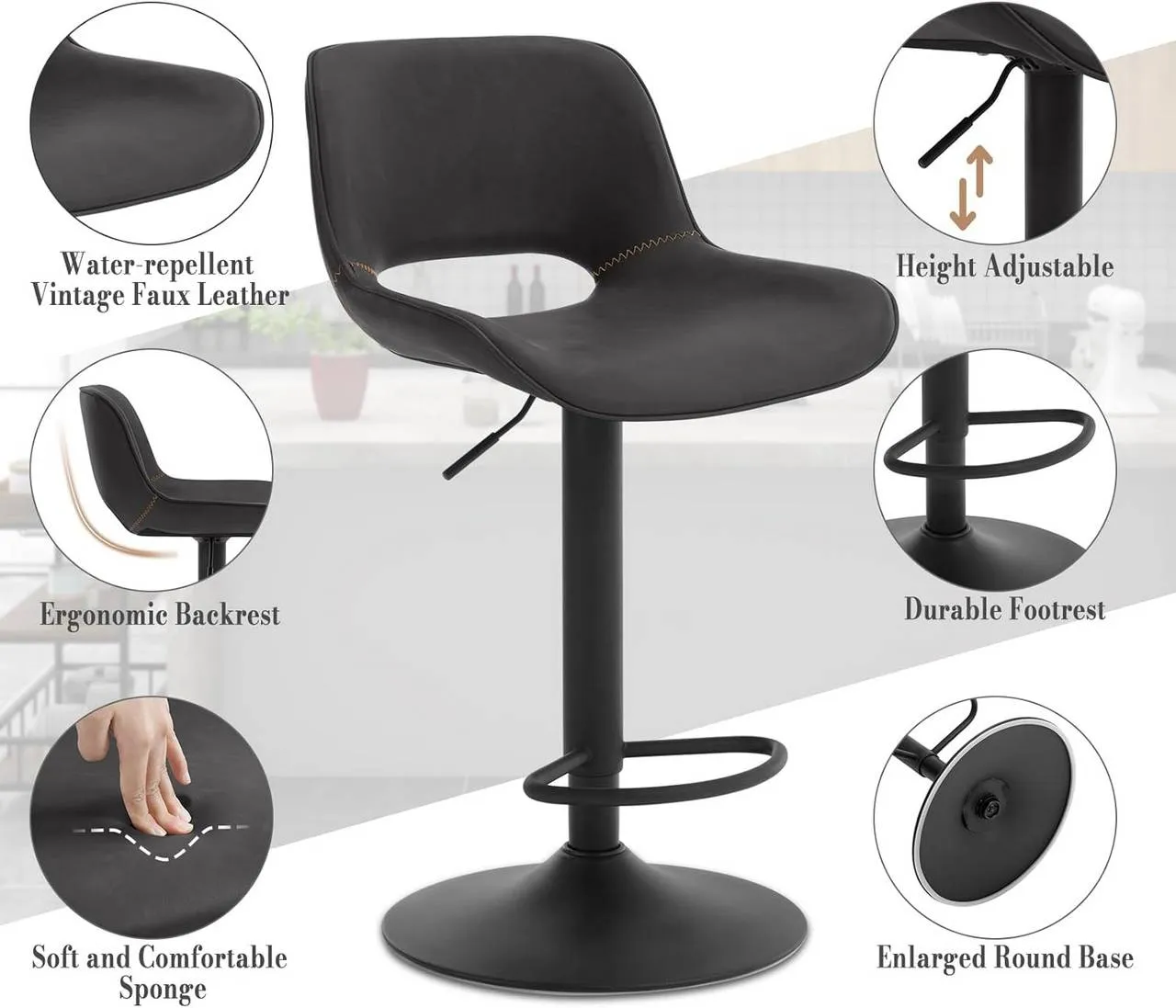 Rootz Vintage Faux Leather Bar Stool - Kitchen Island Chair - Adjustable Height - Waterproof - 48cm x (85-105.5cm) x 49cm