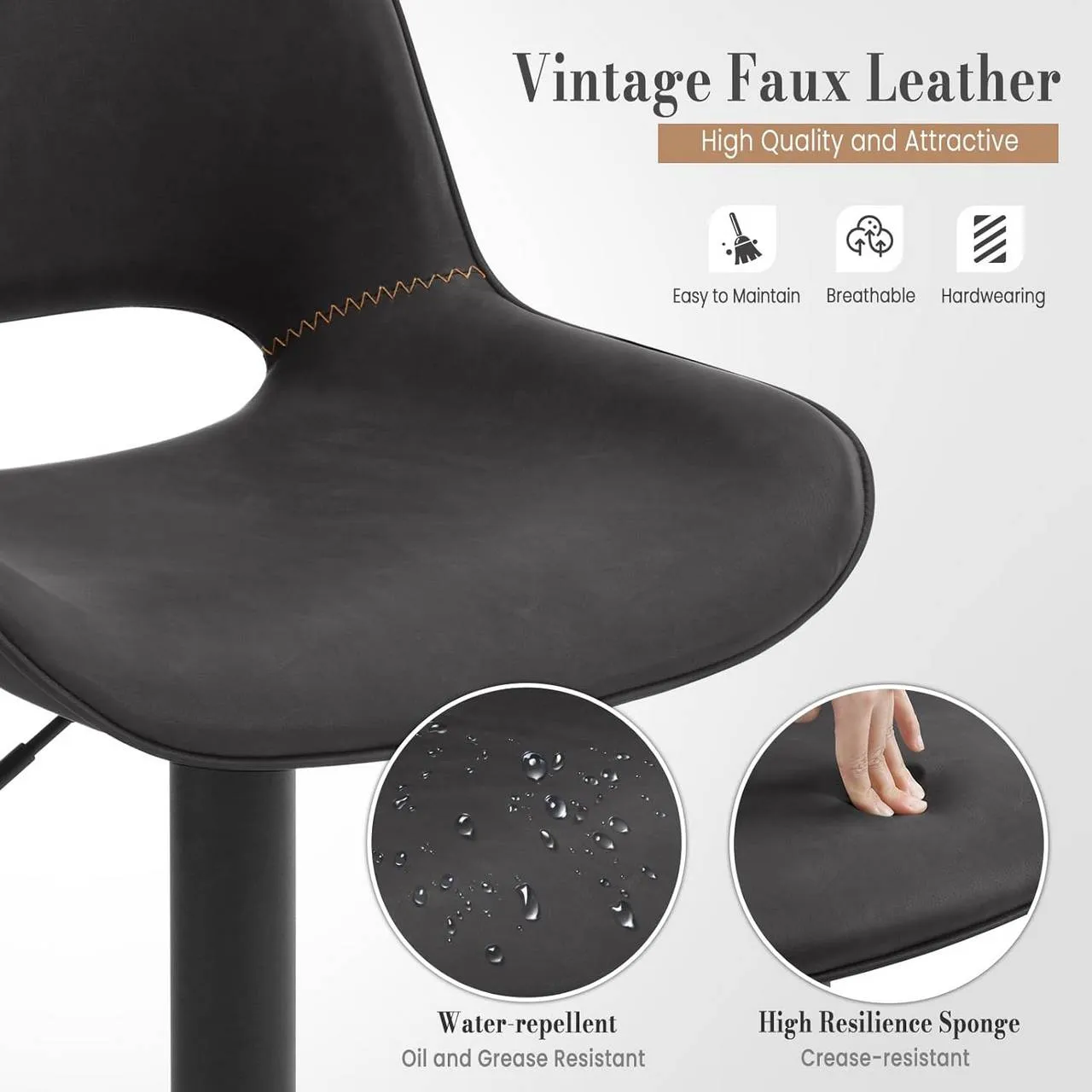 Rootz Vintage Faux Leather Bar Stool - Kitchen Island Chair - Adjustable Height - Waterproof - 48cm x (85-105.5cm) x 49cm