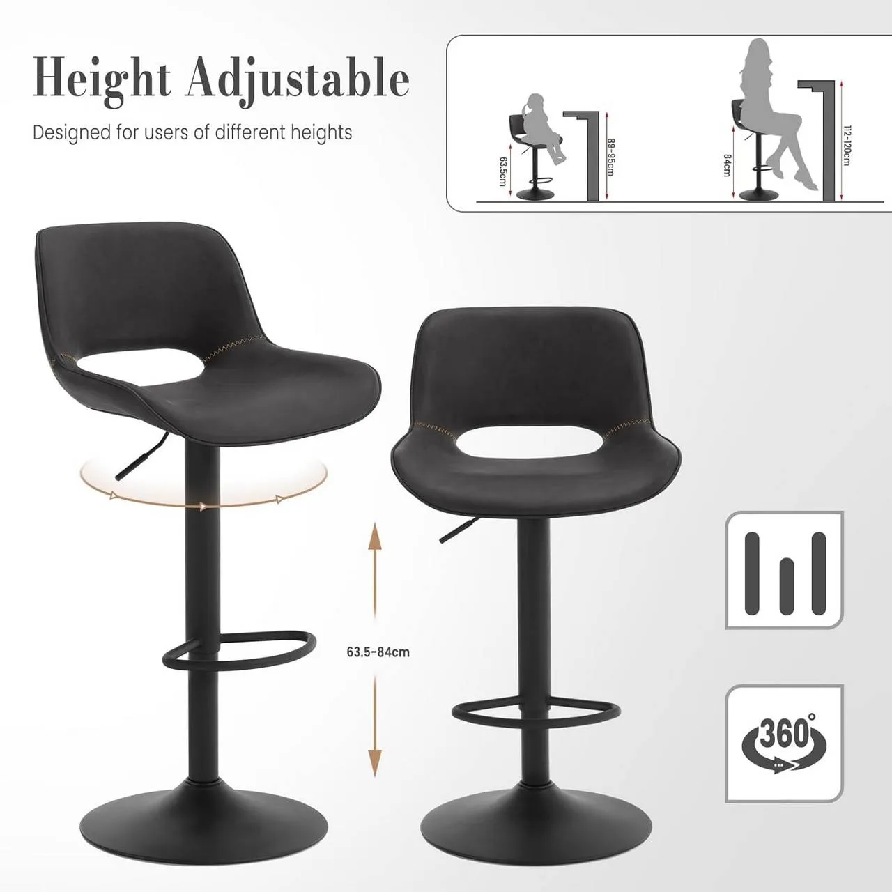 Rootz Vintage Faux Leather Bar Stool - Kitchen Island Chair - Adjustable Height - Waterproof - 48cm x (85-105.5cm) x 49cm