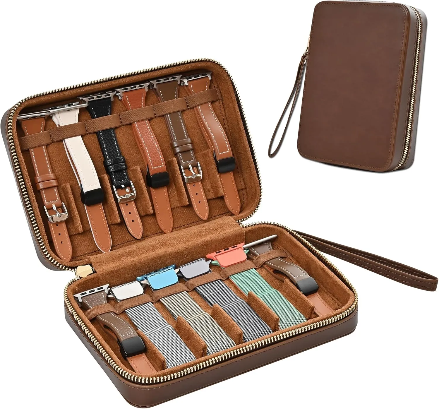 ROSELLE Portable Leather Watch Band Storage Case Holds 12 Watch Straps, Travel Organizer Bag Compatible with Most Series of Apple Watch Bands and Other Brand Watch Bands
