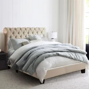 Rosevera Gideon Bed Frame/Fabric Upholstered Bed Frame with Adjustable Headboard/Chesterfield-Styled/Wood Slat Support/Easy Assembly,King,Linen Beige