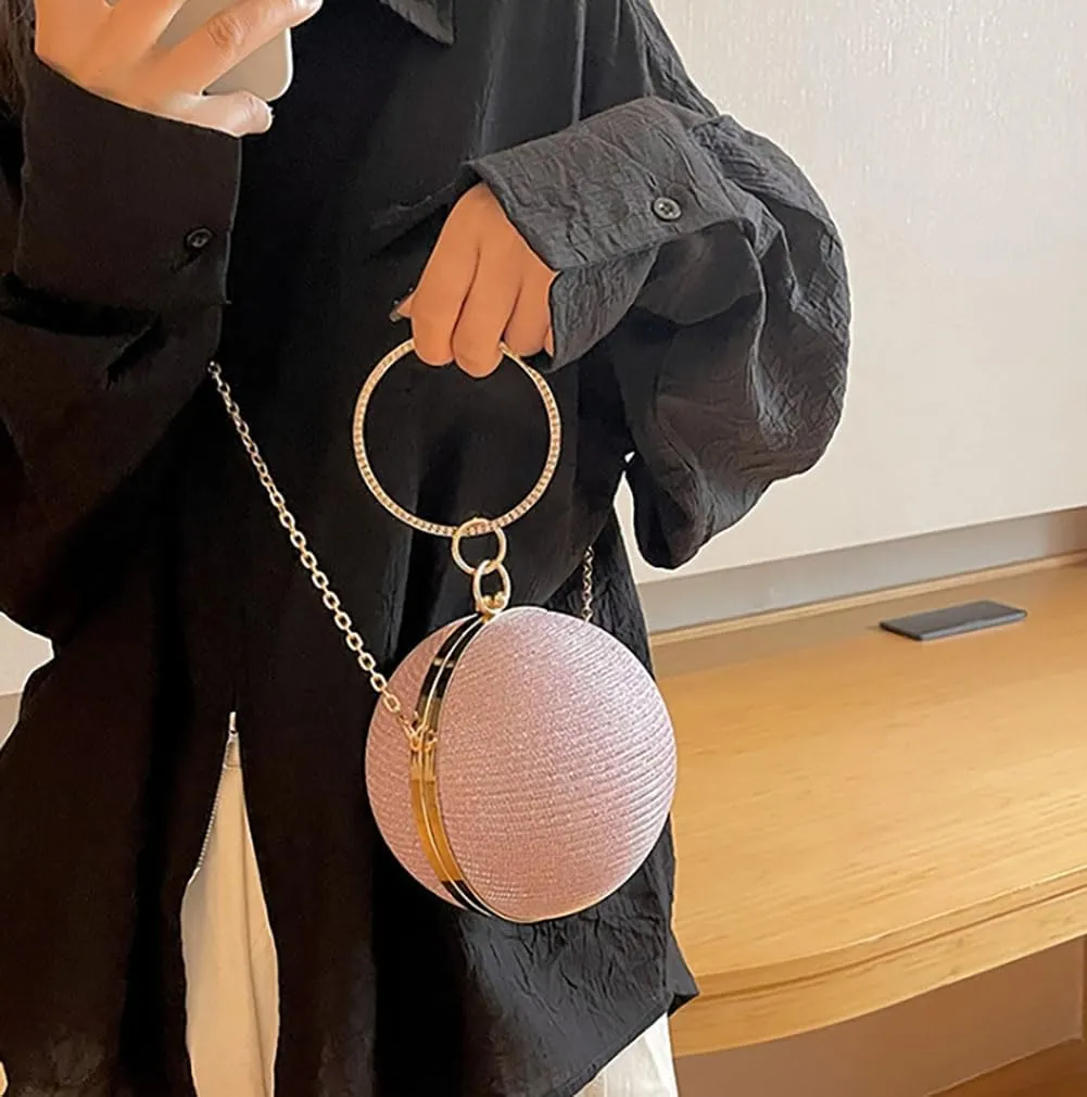 Round Evening Clutch Purse with Ring Handle, 6.7 inches Diameter, Gold Chain Strap
