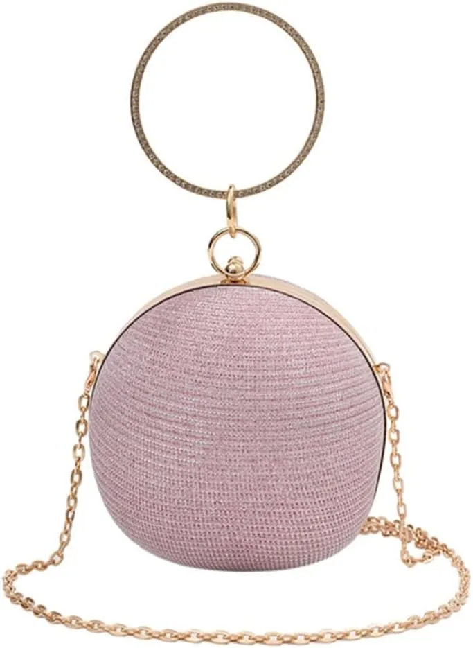 Round Evening Clutch Purse with Ring Handle, 6.7 inches Diameter, Gold Chain Strap