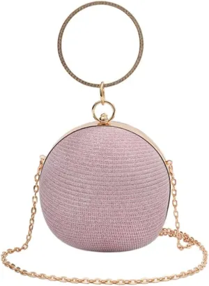 Round Evening Clutch Purse with Ring Handle, 6.7 inches Diameter, Gold Chain Strap