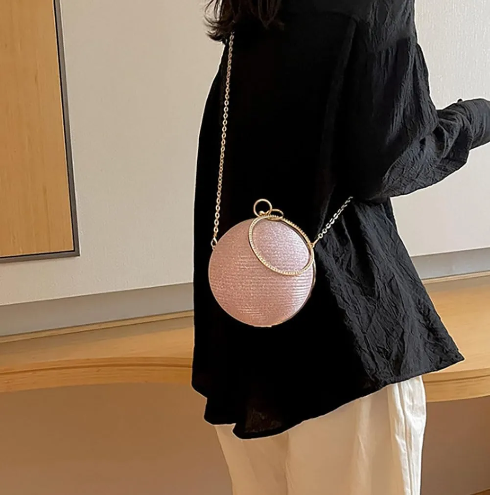 Round Evening Clutch Purse with Ring Handle, 6.7 inches Diameter, Gold Chain Strap