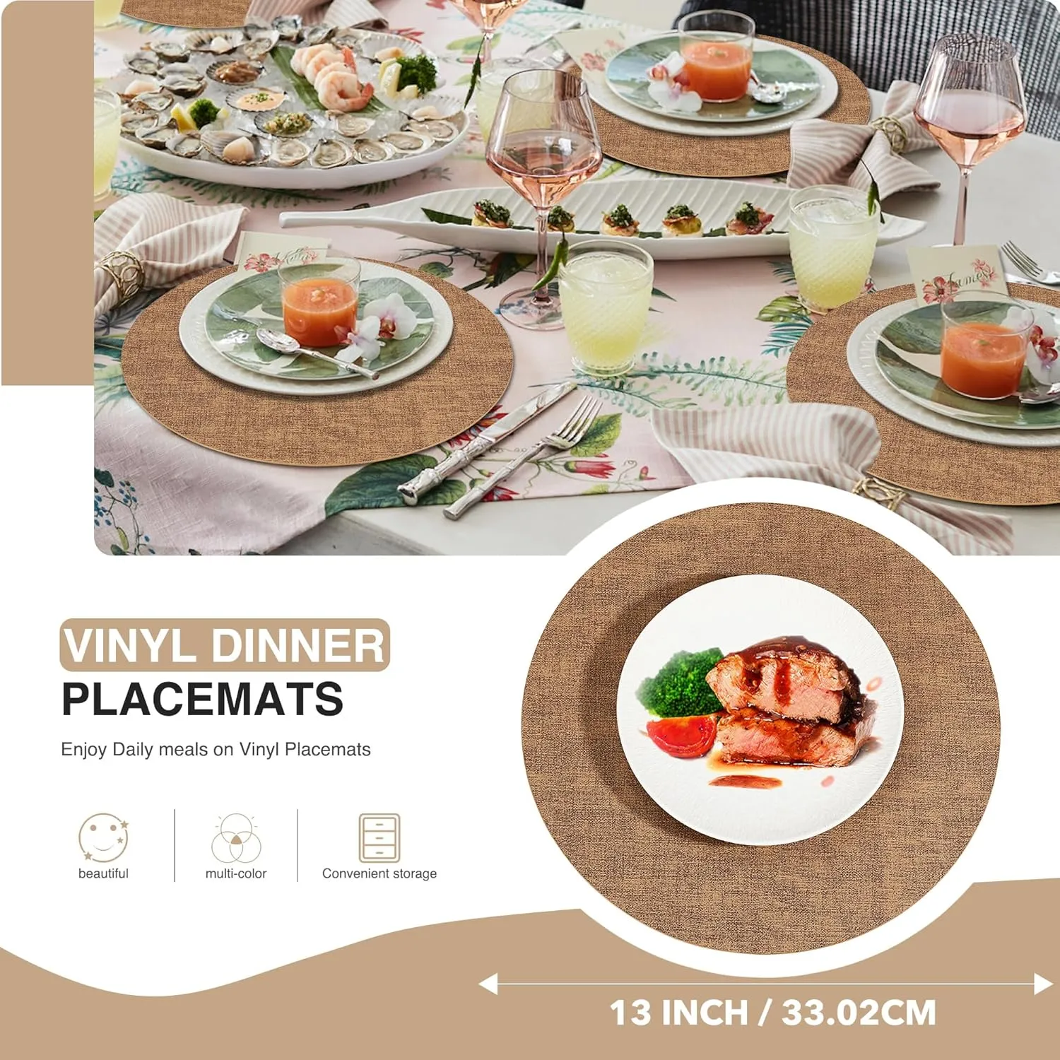 Round Placemats Set of 4, Reversible Faux Leather Heat Resistant Table Mats, 100% Waterproof Oilproof Wipeable Table Protective Placemats for Vinyl, Washable for Indoor & Outdoor Use (4, Light Brown)