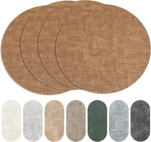Round Placemats Set of 4, Reversible Faux Leather Heat Resistant Table Mats, 100% Waterproof Oilproof Wipeable Table Protective Placemats for Vinyl, Washable for Indoor & Outdoor Use (4, Light Brown)